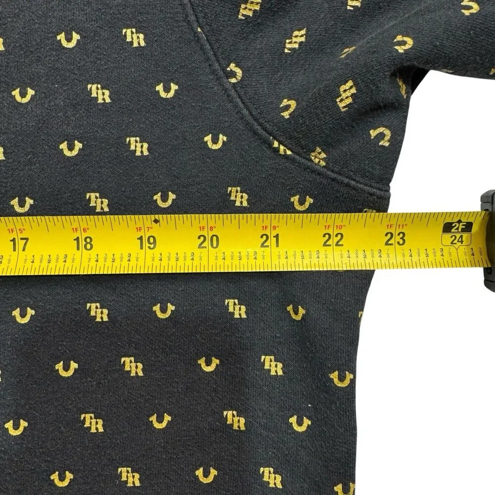 True Religion Monogram Pullover Hoodie Black Gold All Over Horseshoe Logo Mens L